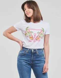 Online Guess - SS CN TRIANGLE FLOWERS TEE Blanc